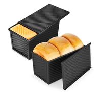Flexzion Pullman Loaf Pan with Lid - 1 lb Dough Capacity Sandwich Bread Loaf Pan with Lid Cover - Non-Stick Carbon Steel Corrugated Toast Box Mold for Baking Homemade Sandwich, Sourdough, Bread, Black