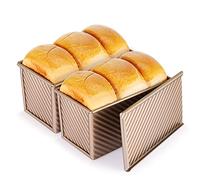 Flexzion Pullman Loaf Pan with Lid Cover (2 Pack) for Baking Oven Sandwich Bread Toast - 1lb Dough Capacity Square Corrugated Cake Mold Non-Stick Carbon Steel Box Bakeware Kitchen Accessories (Gold)