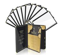 Flexzion Restaurant Menu Covers 8.5 x 11 Inch (12 Pack) - Book Style Bar Menu Holder with 3 Page 6 View - Transparent Clear Menu Book Covers with Gold Metal Corner for Restaurant, Hotel, Cafe