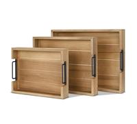 Flexzion Rustic Serving Tray Set - 3-piece Stackable Fir Wood Breakfast Serving Tray with Handle, Wooden Durable Nested Charcuterie Trays for Ottoman Coffee Table, Food & Decor