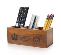 Flexzion Rustic Wooden Pencil Holder for Office - 3 Compartments - Desk and Table Storage Organizer - Multifunctional Remote Control Holder for Home, School and Office