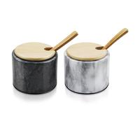 Flexzion Salt and Pepper Containers Marble Salt Cellar Set with Lid & Spoon - Countertop Bowls, 10oz Stone Jars for Paprika, Herbs, Sugar, Spices & Seasonings, White & Black, Set of 2