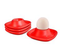 Flexzion Soft Boiled Egg Holder Set - 4-Piece Red Ceramic Egg Cup, Stackable Egg Coddler Cups with Base for Serving, Breakfast, Brunch - Kitchen Table Decor, Red