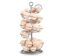 Flexzion Spiral Egg Rack for Fresh Eggs - Sturdy Silver Metal Egg Skelter Countertop Egg Holder with Bottom Basket and 360-Degree Rotatable Middle Pole Up to 36-Egg Capacity, Egg Storage Rack Solution