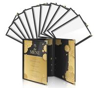 Flexzion Trifold Menu Covers 8.5 x 11 Inch (12 Pack) - Triple Stitched Menu Holder with 3 Pages 6 Views - Transparent Clear Menu Book Covers with Gold Metal Corner for Restaurant, Hotel, Cafe