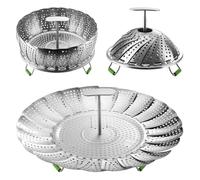 Flexzion Veggie Steamer Basket - Stainless Steel Steam Basket for Vegetables, Fish, Meats, Eggs w/Extendable Handle - Expandable Foldable Cooking & Steaming Basket for Various Size Pot, 7 to 11 Inch