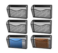 Flexzion Wall Folder File Letter Pocket Holder (6 Pack) Metal Mesh Desk Hanging Basket Box Bin Mail A4 Size Paper Document Organizer, Storage Rack Single Slot Wall Mount for Office School Home - Black