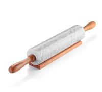Flexzion White Marble Rolling Pin, 10-inch with Wooden Handle and Holder Base Stand, Marble Rolling Pin for Baking Pastry Pizza Dough Roller Fondant Cookie Pie Crust Pasta Bakery Roller Pin
