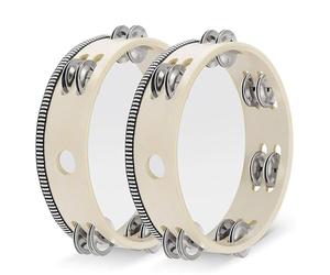 Flexzion Wood Handheld Tambourine (2 Pack) 8 Inch Double Row 12 Pair Jingles, Hand Held Percussion Drum Moon Musical Educational Instrument with Metal Bell for Adults Classroom Gift Party