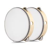 Flexzion Wood Handheld Tambourine (2 Pack) 8 Inch Single Row 5 Pair Jingles, Hand Held Percussion Drum Moon Musical Tambourine with Ergonomic Handle Grip for Kids Adults Classroom Gift Party
