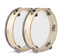Flexzion Wood Handheld Tambourine (2 Pack) 8 Inch Single Row 5 Pair Jingles, Hand Held Percussion Drum Moon Musical Tambourine with Ergonomic Handle Grip for Kids Adults Classroom Gift Party