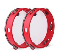 Flexzion Wood Handheld Tambourine (2 Pack) 8 Inch Single Row 5 Pair Jingles, Hand Held Percussion Drum Moon Musical Tambourine with Ergonomic Handle Grip for Kids Adults Classroom Gift Party