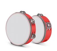Flexzion Wood Handheld Tambourine- 8 & 6 Inch Set of 2 Pack, Double Row 12 Pair Metal Jingles, Percussion Drum Moon Musical Instrument (Red)