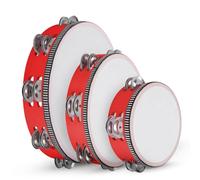 Flexzion Wood Handheld Tambourine Adults 10, 8, 6-Inch Double Row (Red) - Percussion Round Tamborines Musical Instrument with Metal Zills, 3 Pack