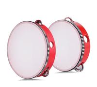 Flexzion Wood Handheld Tambourines - 8 and 6 Inch Set of 2 Pack, with Single Row Metal Jingle Bell (Red) Hand Held Tambourine Percussion Drum Moon Musical Instrument