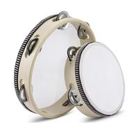 Flexzion Wood Handheld Tambourines - 8 and 6 Inch Set of 2 Pack, with Single Row Metal Jingle Bell (Wood) Hand Held Tambourine Percussion Drum Moon Musical Educational Toy Instrument for Adults