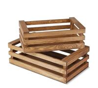 Flexzion Wooden Crate Box With Handles - Natural Brown Style Finish Vintage Wooden Crates for Display Nesting Storage Home Decor Wood Crate Box for Party Office, Bedroom, Kitchen and Closet (Set of 2)