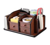 Flexzion Wooden Desk Organizer w/Drawers - Classic Wood Office Supplies Accessories Desktop Tabletop Sorter Shelf Rack Cherry Brown Pencil Holder Caddy Set with 3 Drawers, 3 Compartments & 2 Shelves