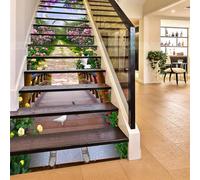 FLFK 13Pcs 3D Pink Flower Garden Staircase Stickers Self-Adhesive Waterproof Stone Bridge Stair Riser Stickers Murals for Home Decoration 39.3" w x 7" h