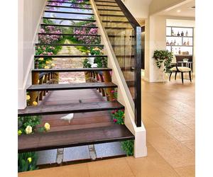FLFK 13Pcs 3D Pink Flower Garden Staircase Stickers Self-Adhesive Waterproof Stone Bridge Stair Riser Stickers Murals for Home Decoration 39.3" w x 7" h