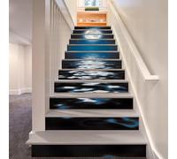 FLFK 13Pcs Bright Moonlight at Sea Staircase Sticker Peel and Sick 39.37"x7.08",Self-Adhesive Stair Risers Stickers Decals Mural Wallpaper for Home Decor