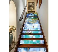 FLFK 13Pcs Stair Risers Stickers Peel and Sick 39.37"x7.08",Self-Adhesive Staircase Stickers Decals, Lotus Pond Fish Mural Wallpaper for Stair Steps