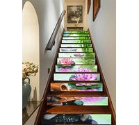 FLFK 13Pcs Stair Risers Stickers Peel and Sick 39.37"x7.08",Self-Adhesive Staircase Stickers Decals, Pink Lotus Bamboo Mural Wallpaper for Stair Steps