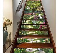 FLFK 13Pcs Stair Risers Stickers Peel and Sick 39.37"x7.08",Self-Adhesive Staircase Stickers Decals, Spring Garden Flower Birds Mural Wallpaper for Stair Steps