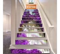 FLFK 13Pcs Stair Risers Stickers Peel and Sick 39.37"x7.08",Self-Adhesive Staircase Stickers Decals, Waterfall Purple Flower Trees Forest Mural Wallpaper for Stair Steps
