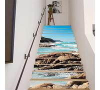 FLFK 13Pcs Staircase Sticker Peel and Sick 39.37"x7.08",Self-Adhesive Stair Risers Stickers Decals,Blue Sky Ocean Coastal Mural Wallpaper for Stair Steps