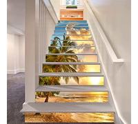 FLFK 13Pcs Sunset Ocean Beach Palm Tree Stair Risers Sticker Peel and Sick 39.37"x7.08",Self-Adhesive Staircase Stickers Decals Mural Wallpaper for Home Decor
