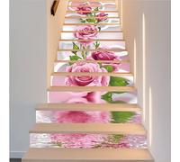 FLFK 15Pcs Circle Rose Pink Flower Staircase Sticker Peel and Sick 39.37"x7.08",Self-Adhesive Stair Risers Stickers Decals Mural Wallpaper for Home Decor