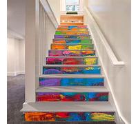 FLFK 15Pcs Oil Painting Rainbow Stair Risers Sticker Peel and Sick 39.37"x7.08",Self-Adhesive Staircase Stickers Decals Mural Wallpaper for Home Decor