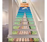 FLFK 15Pcs Stair Risers Stickers 39.37"x7.08",Peel and Sick Vinyl Staircase Stickers Decals, Blue Ocean Wood Bridge Pier Mural Wallpaper for Stair Steps