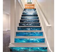 FLFK 15Pcs Stair Risers Stickers Peel and Sick 39.37"x7.08",Self-Adhesive Staircase Stickers Decals, Bright Moon Light on The Sea Mural Wallpaper for Stair Steps
