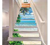 FLFK 15pcs Stair Risers Stickers Peel and Stick - 3D Blue Seascape Palm Tree Vinyl Self-Adhesive Staircase Sticker Decals Decor for Stair Steps Home Decor 39.37"x7.09"