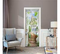 FLFK 3D Door Mural Peel and Stick 77x200cm - View of The Castle Self-Adhesive Door Sticker Wallpaper Wall Poster Decals for Bedroom Home Decor(2Pcs/Set)