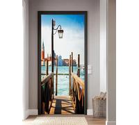 FLFK 3D Door Sticker Peel and Stick 77x200cm- Self-Adhesive Door Murals Wallpaper Poster Decals Venice The Grand Canal Pier for Home Decor(2Pcs/Set)