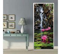 FLFK 3D Lotus Stream Landscape Door Murals Peel and Stick 77x200cm,Self-Adhesive Door Stickers Poster Wallpaper Wall Decals for Home Decor(2Pcs/Set)