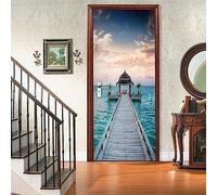 FLFK 3D Sea Wood Bridge Door Sticker Peel and Stick 77x200cm,Self-Adhesive Door Wallpaper Poster Wall Murals for Home Decor(2Pcs/Set)