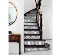 FLFK Decorative Stair Riser Decals, Classical Black and White Damask Pattern, Self-Adhesive Peel and Stick, 39.3 x 7.08 Inches, Set of 13, Indoor Home Decor