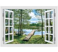 FLFK Fake Window Wall Decal Peel and Stick Wall Mural 24" x 16" | Lake & Forest Scene, 3D Illusion Effect, Removable Design, Home Office Decor, Easy Application