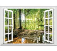 FLFK Fake Window Wall Mural - Forest Jungle Faux Window Wall Sticker for Wall Decor, Stick and Peel Wall Decals,48"x32",Split into 2 Pieces