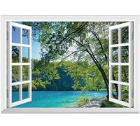FLFK Fake Window Wall Mural - Lakes in The Jungle Faux Window Wall Sticker for Wall Decor, Stick and Peel Wall Decals,80"x60",Split into 5 Pieces