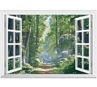 FLFK Fake Window Wall Mural - Road in The Forest Faux Window Wall Decal for Wall Decor, Peel and Stick Wall Sticker,80"x60",Split into 5 Pieces