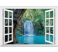 FLFK Fake Window Wall Mural - Waterfall and Lake in The Jungle Faux Window Wall Decal for Wall Decor, Peel and Stick Wall Sticker,80"x60",Split into 5 Pieces