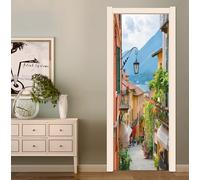 FLFK Peel and Stick Door Sticker 77x200cm-3D Itly Small Town Street Self-Adhesive Door Mural Poster Photo Wallpaper for Bedroom Office Decor(2Pcs/Set)