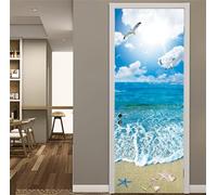 FLFK Peel and Stick Door Sticker 77x200cm-3D Sunshine Ocean Beach Self-Adhesive Door Mural Poster Photo Wallpaper for Bedroom Office Decor(2Pcs/Set)