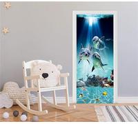 FLFK Peel and Stick Door Sticker 77x200cm-3D Underwater World Dolphins Self-Adhesive Door Mural Poster Photo Wallpaper for Bedroom Office Decor(2Pcs/Set)