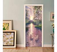FLFK Peel and Stick Door Sticker 85x215cm-3D Sunset Fantasy Swan Self-Adhesive Door Mural Poster Photo Wallpaper for Bedroom Office Decor(2Pcs/Set)